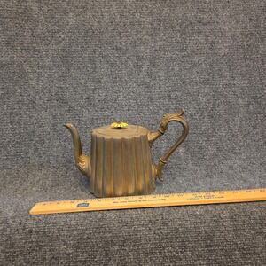 Vintage Brass Tea Pot Fluted Sides Yellow Plastic Knob Retro Kitchen Decor